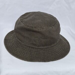 Vintage J Hats Houndstooth Bucket Hat Olive Green Brown Check Mesh Lined 58cm